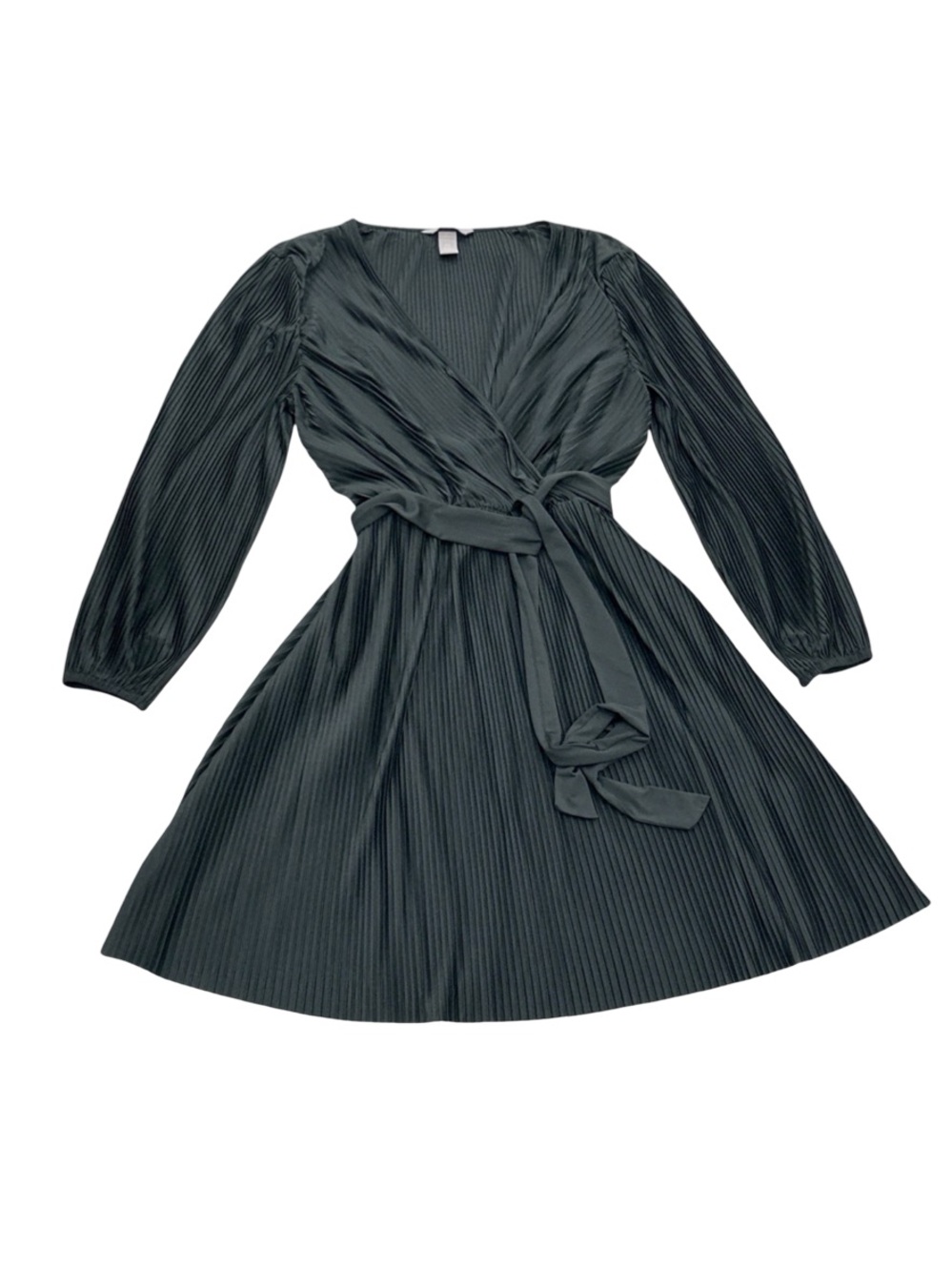 H&M Pleated Long Sleeve Wrap Dress Dark Green Size Medium